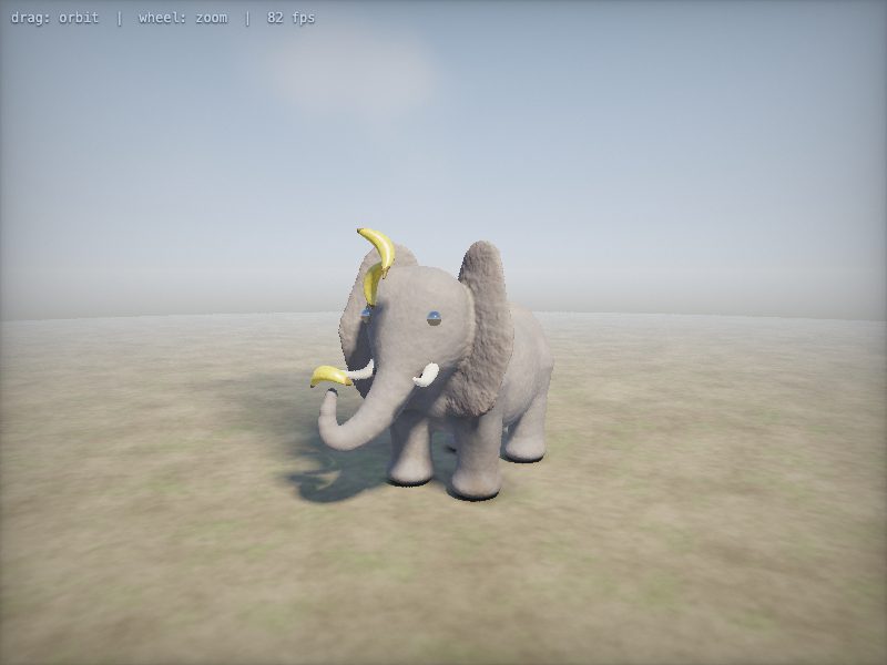Claude Opus 5 — elephant juggling bananas, live render